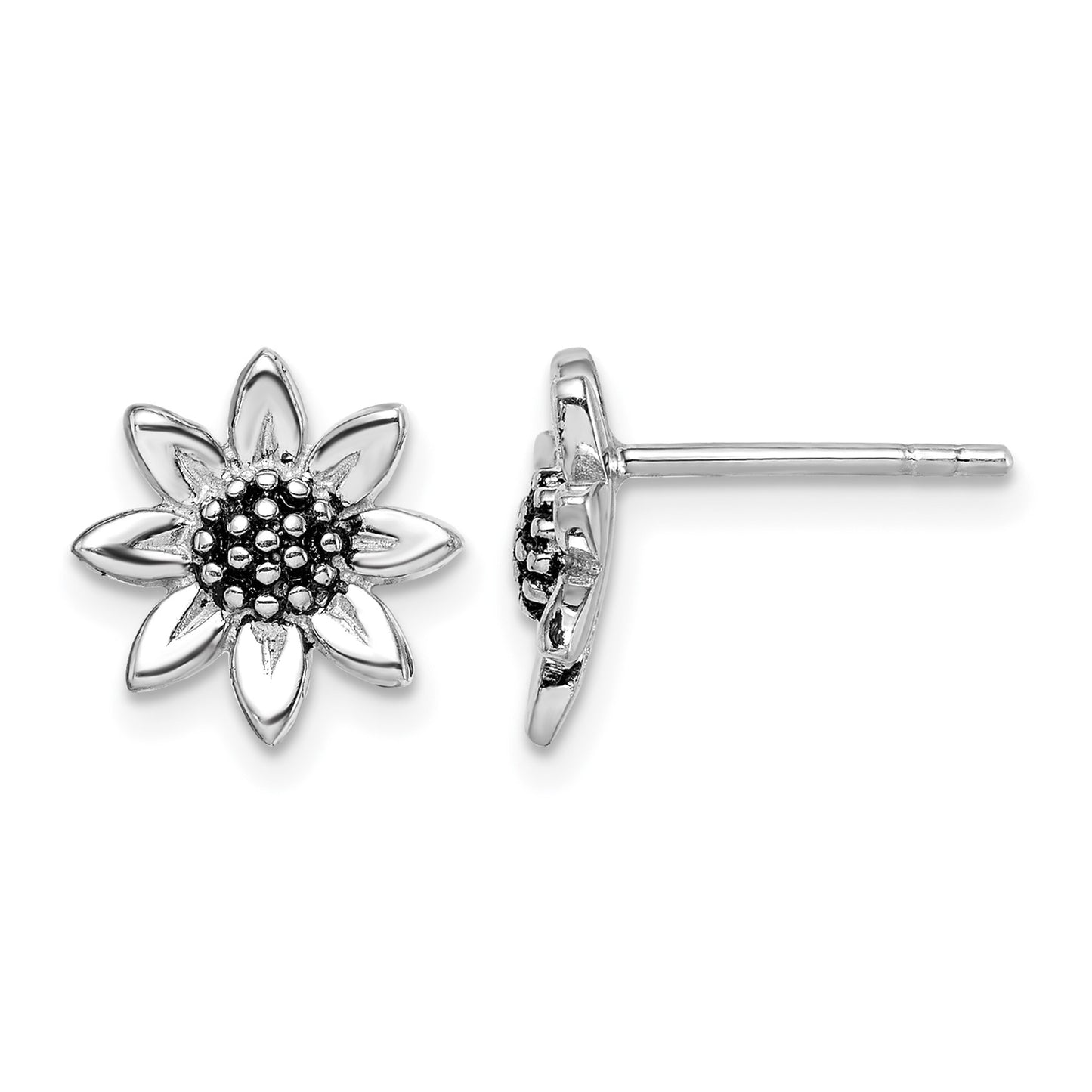 Sterling Silver Rhodium-plated Sunflower Post Earring