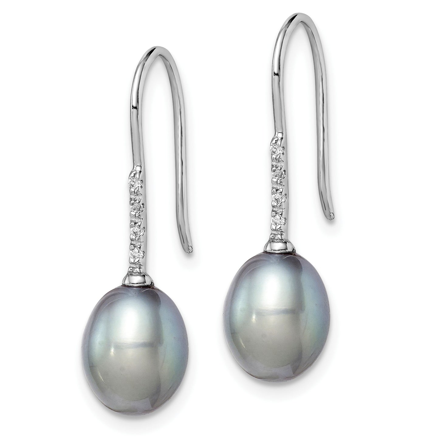 Sterling Silver Rhodium-plated 7-8mm Grey Teardrop Freshwater Cultured Pearl and CZ Dangle Earrings