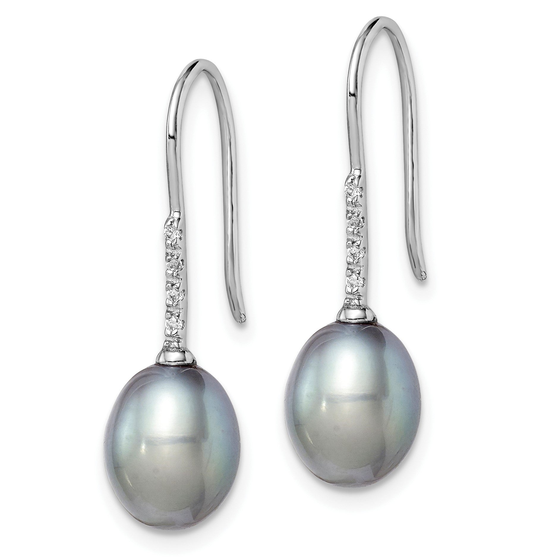 Sterling Silver Rhodium-plated 7-8mm Grey Teardrop Freshwater Cultured Pearl and CZ Dangle Earrings