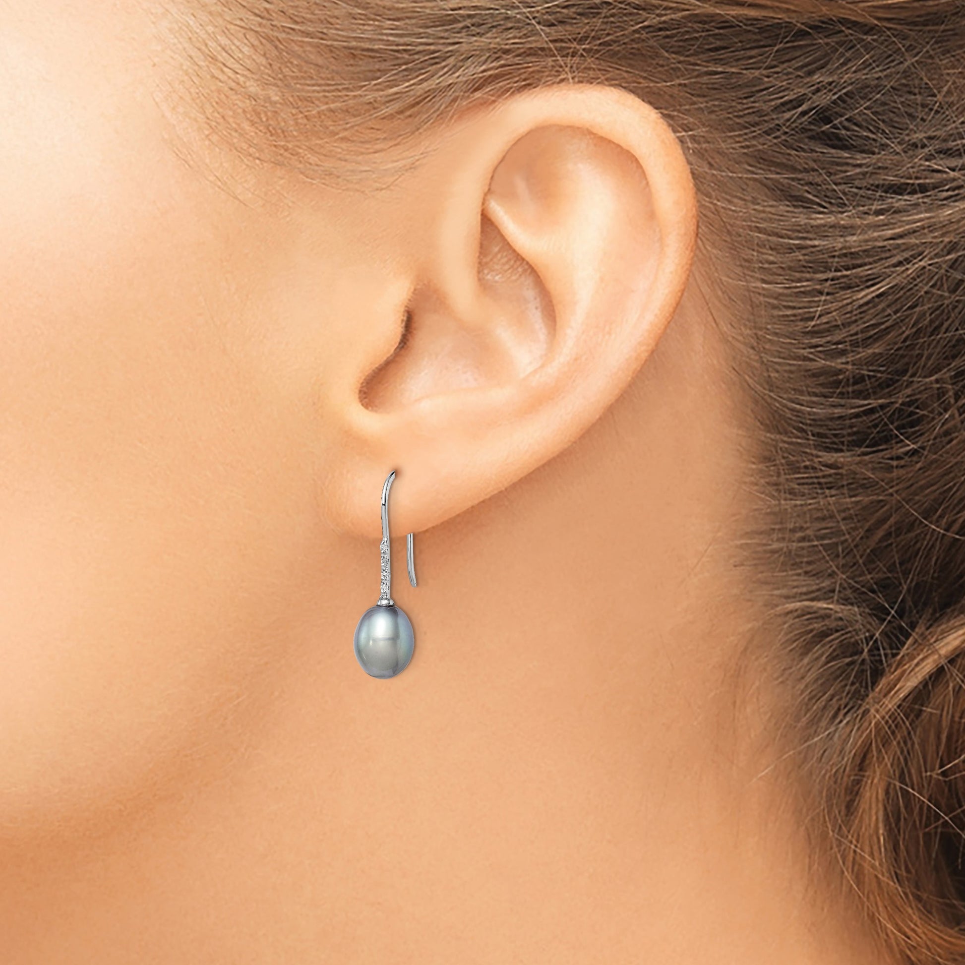 Sterling Silver Rhodium-plated 7-8mm Grey Teardrop Freshwater Cultured Pearl and CZ Dangle Earrings