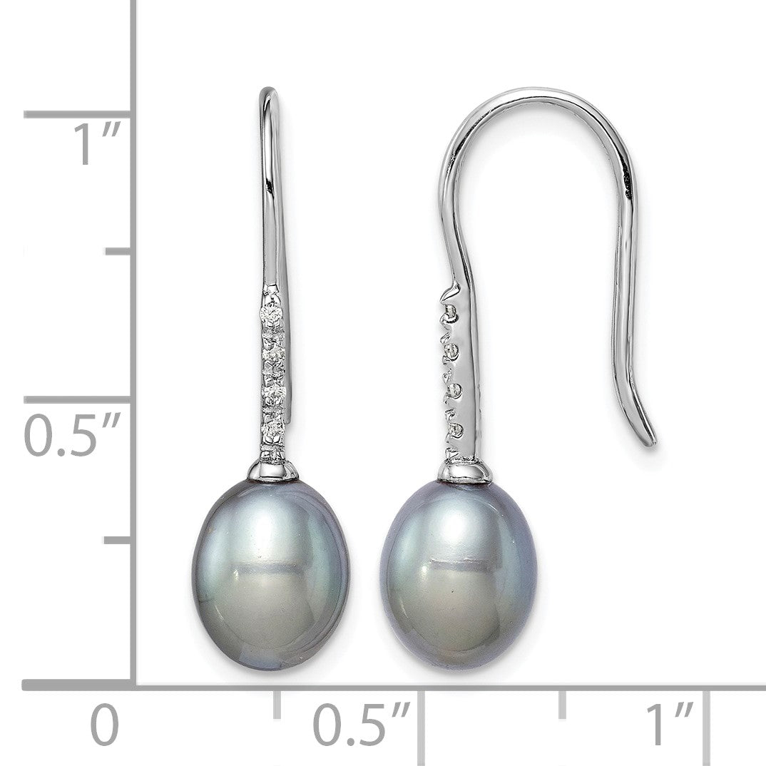 Sterling Silver Rhodium-plated 7-8mm Grey Teardrop Freshwater Cultured Pearl and CZ Dangle Earrings