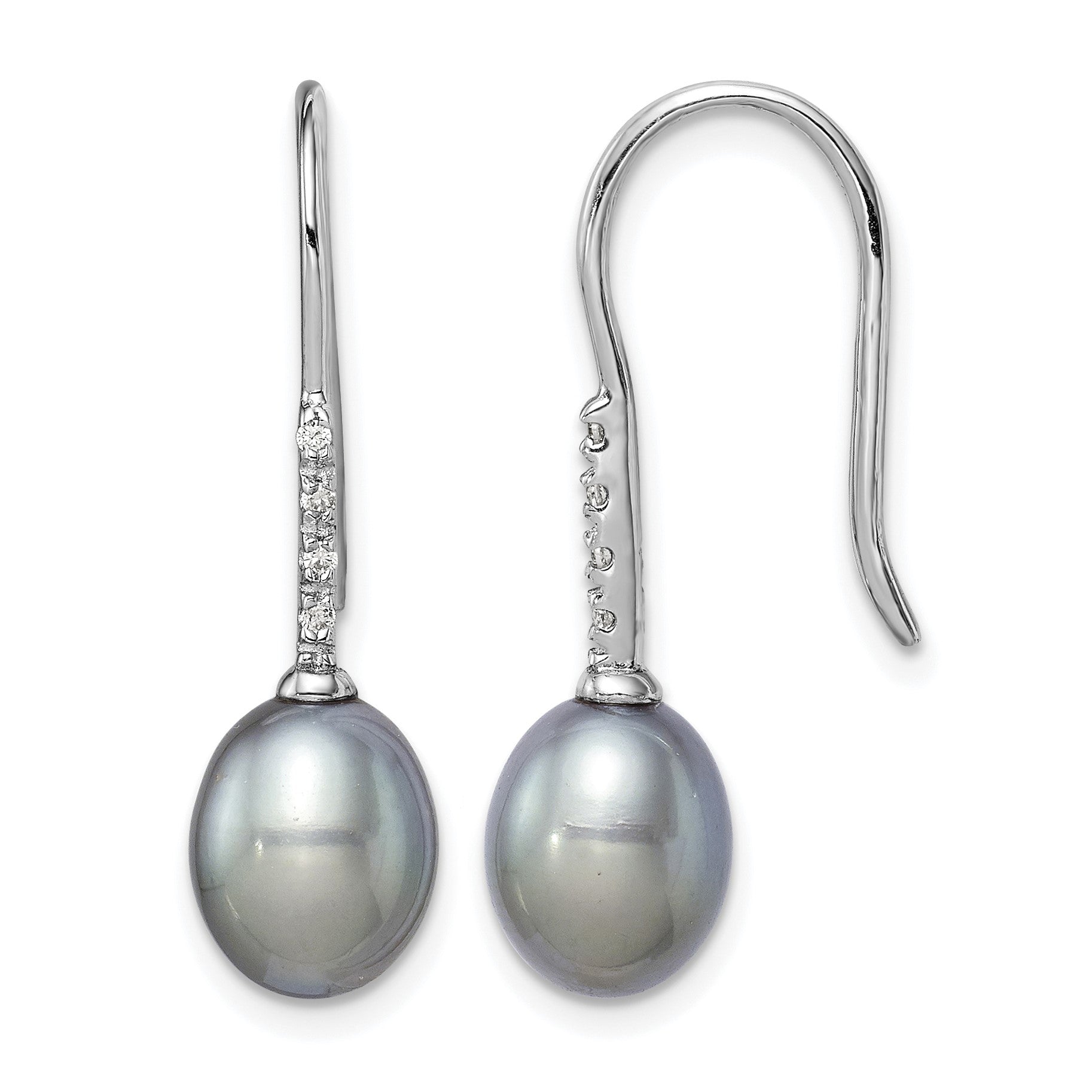 Sterling Silver Rhodium-plated 7-8mm Grey Teardrop Freshwater Cultured Pearl and CZ Dangle Earrings