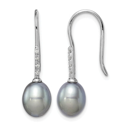 Sterling Silver Rhodium-plated 7-8mm Grey Teardrop Freshwater Cultured Pearl and CZ Dangle Earrings