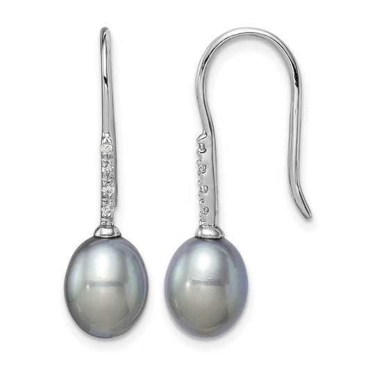 Sterling Silver Rhodium-plated 7-8mm Grey Teardrop Freshwater Cultured Pearl and CZ Dangle Earrings