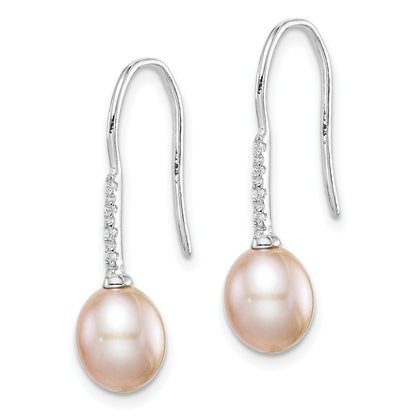 Sterling Silver Rhodium-plated 7-8mm Pink Teardrop Freshwater Cultured Pearl and CZ Dangle Earrings