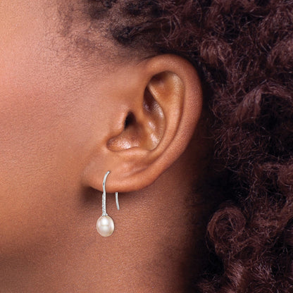 Sterling Silver Rhodium-plated 7-8mm Pink Teardrop Freshwater Cultured Pearl and CZ Dangle Earrings