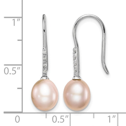 Sterling Silver Rhodium-plated 7-8mm Pink Teardrop Freshwater Cultured Pearl and CZ Dangle Earrings