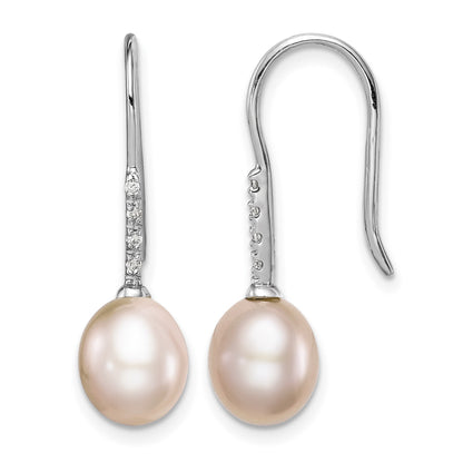 Sterling Silver Rhodium-plated 7-8mm Pink Teardrop Freshwater Cultured Pearl and CZ Dangle Earrings