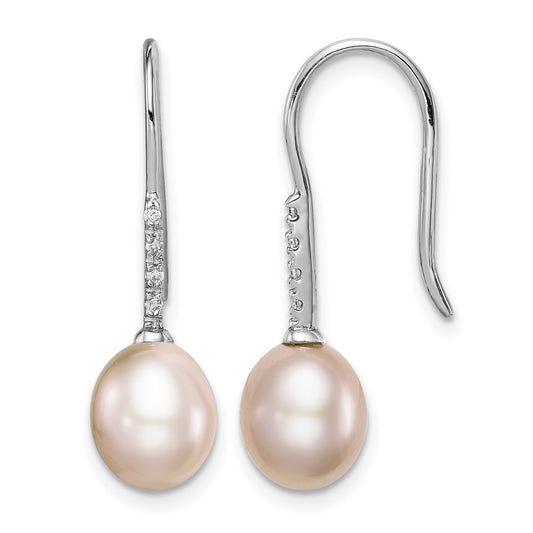 Sterling Silver Rhodium-plated 7-8mm Pink Teardrop Freshwater Cultured Pearl and CZ Dangle Earrings