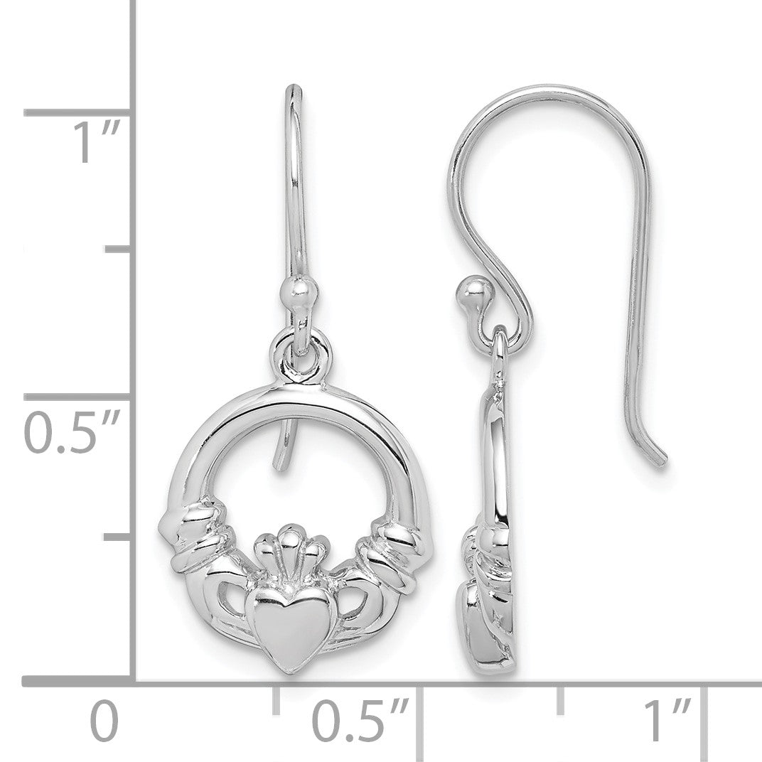 Sterling Silver Rhodium-plated Polished Claddagh Dangle Earrings