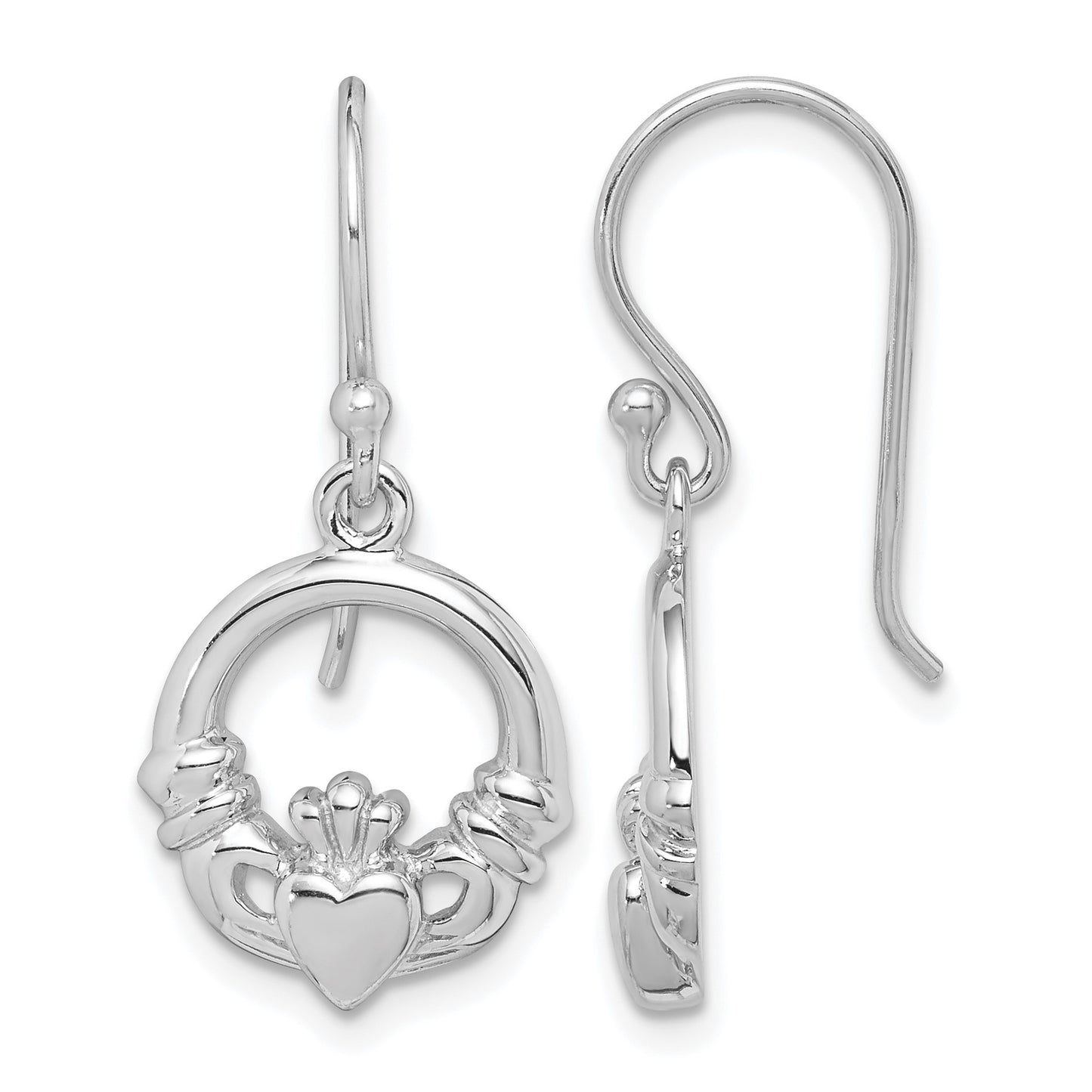 Sterling Silver Rhodium-plated Polished Claddagh Dangle Earrings