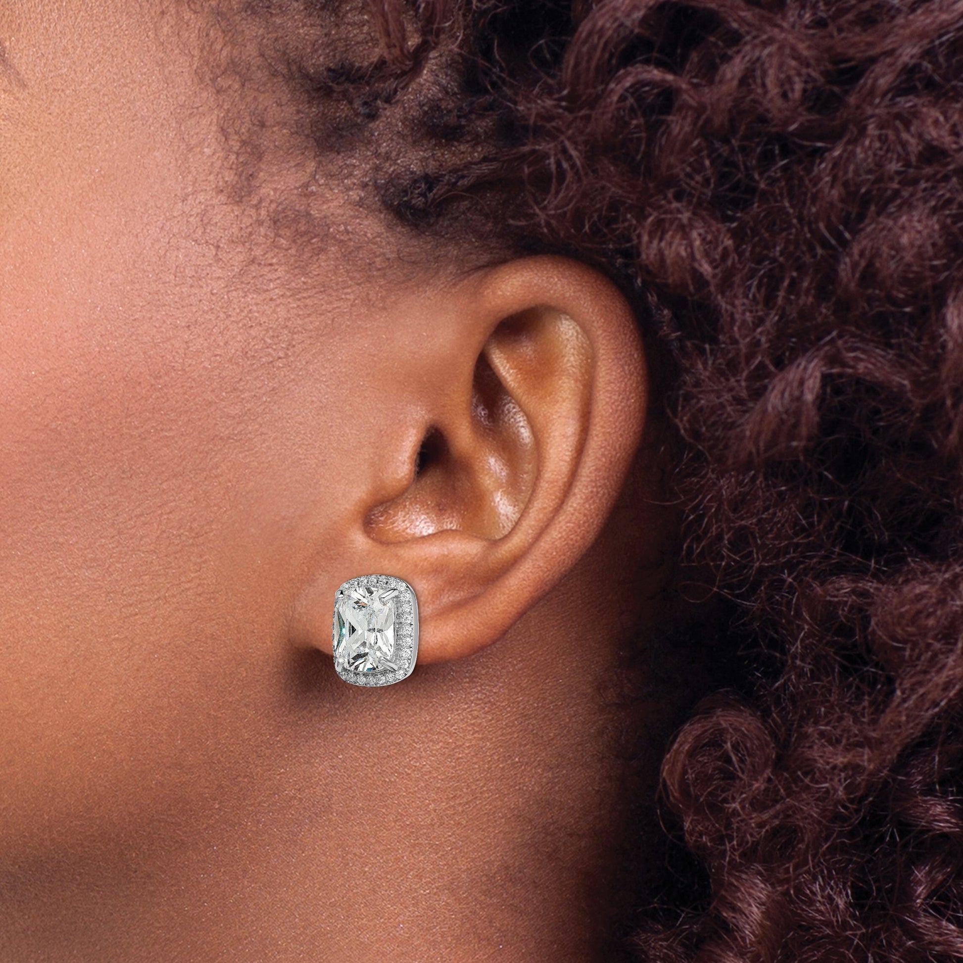 Sterling Silver RH-plated Polished 10x8mm Cushion CZ Halo Post Earrings