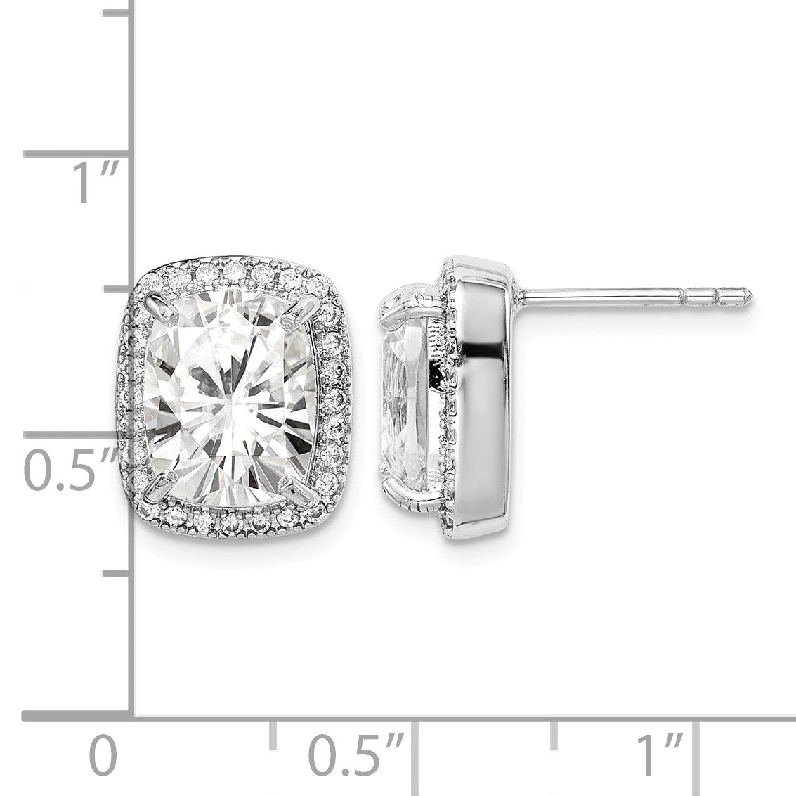 Sterling Silver RH-plated Polished 10x8mm Cushion CZ Halo Post Earrings