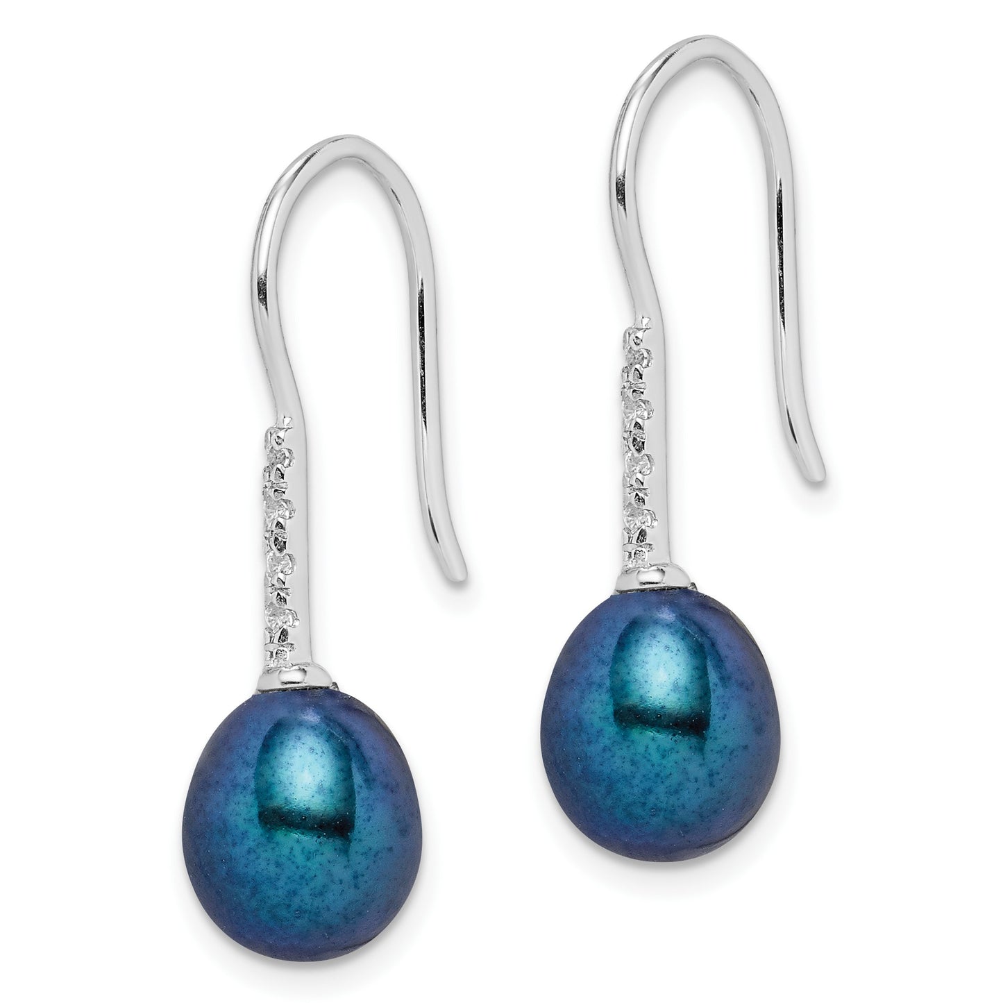 Sterling Silver Rhodium-plated 7-8mm Black Teardrop Freshwater Cultured Pearl and CZ Dangle Earrings
