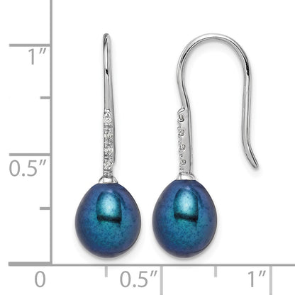 Sterling Silver Rhodium-plated 7-8mm Black Teardrop Freshwater Cultured Pearl and CZ Dangle Earrings