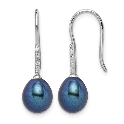 Sterling Silver Rhodium-plated 7-8mm Black Teardrop Freshwater Cultured Pearl and CZ Dangle Earrings