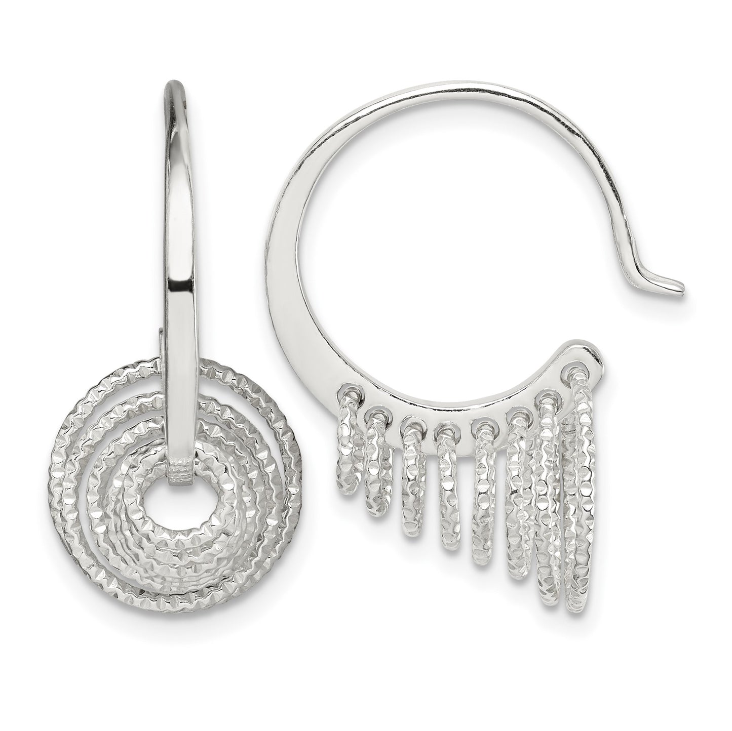 Sterling Silver Polished & Diamond-cut Circles Dangle Hoop Earrings