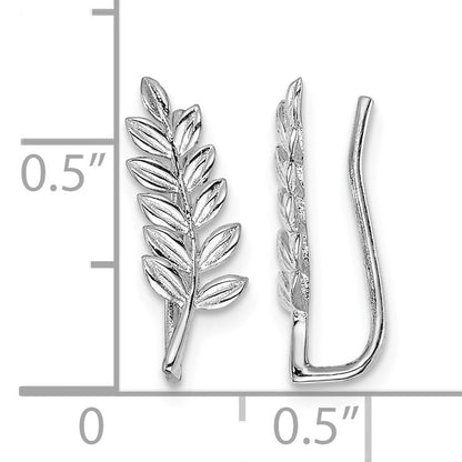 Sterling Silver Rhodium-plated Polished & Textured Leaf Ear Climber Earring