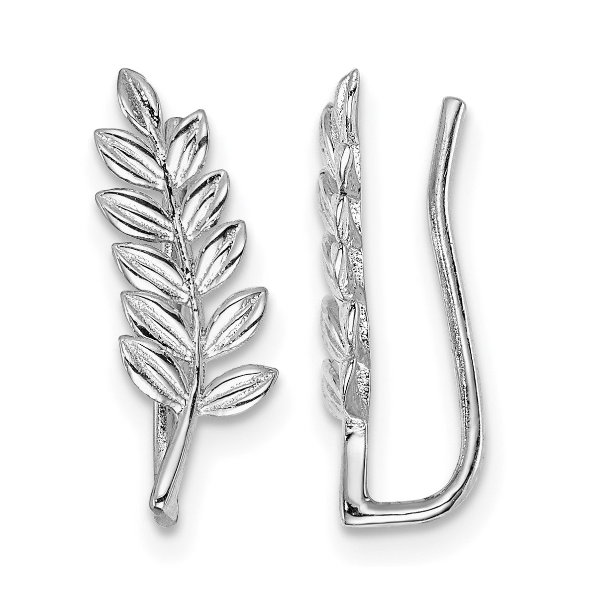 Sterling Silver Rhodium-plated Polished & Textured Leaf Ear Climber Earring