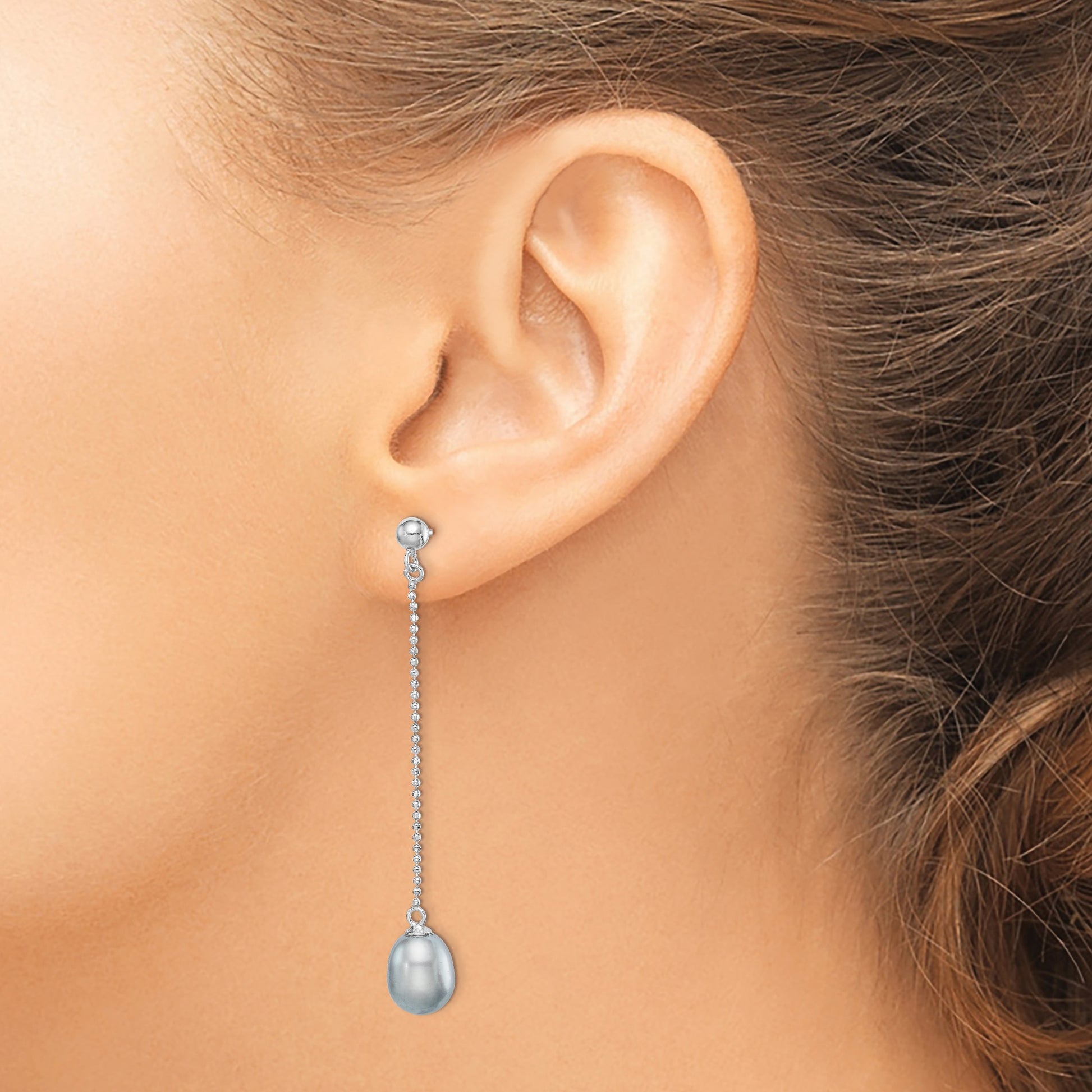 Sterling Silver Rhodium-plated 7-8mm Grey Teardrop Freshwater Cultured Pearl Post Dangle Earrings