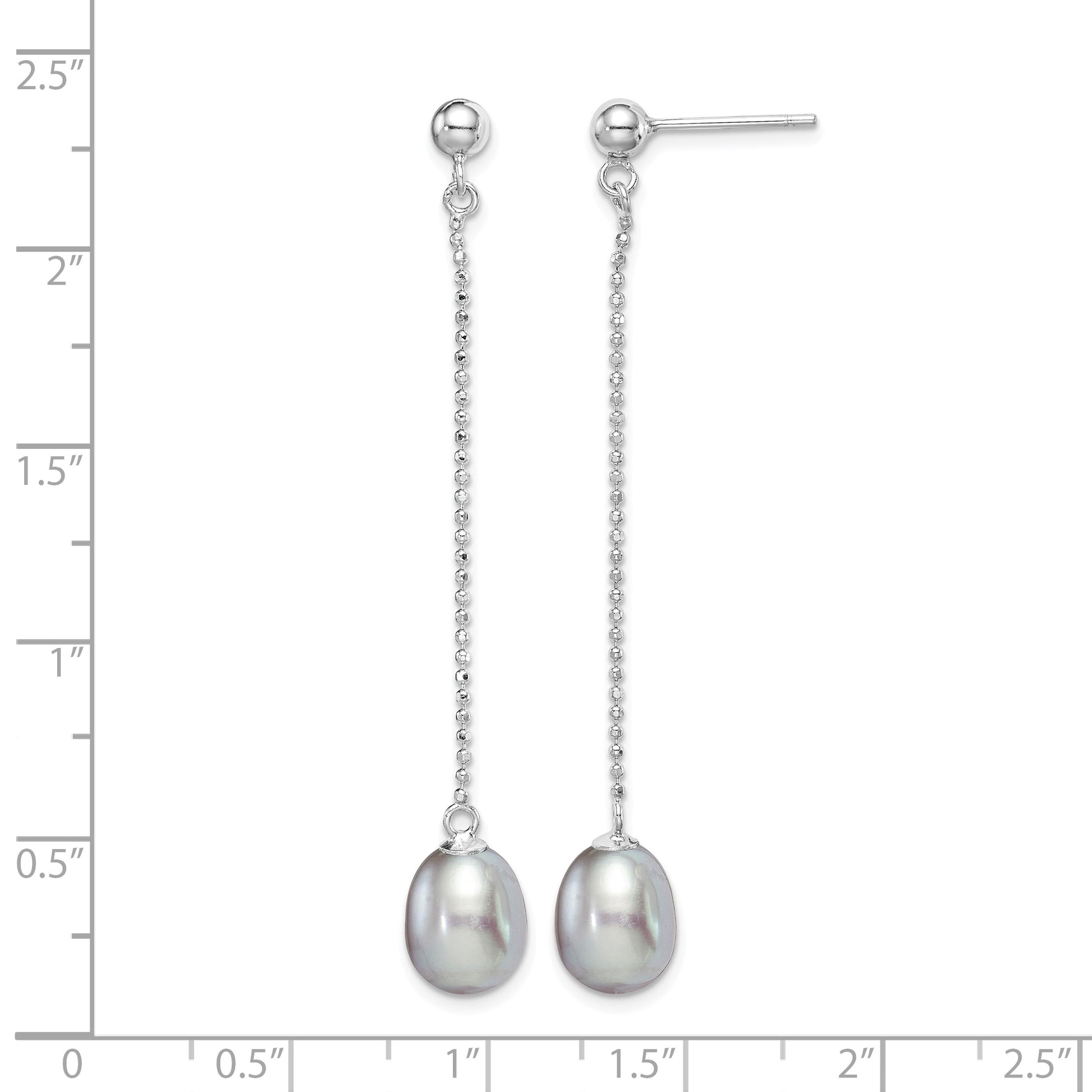 Sterling Silver Rhodium-plated 7-8mm Grey Teardrop Freshwater Cultured Pearl Post Dangle Earrings