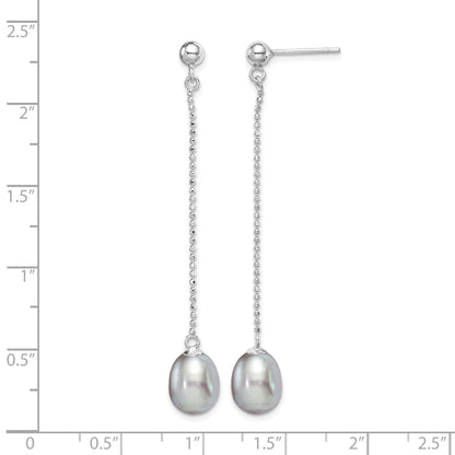 Sterling Silver Rhodium-plated 7-8mm Grey Teardrop Freshwater Cultured Pearl Post Dangle Earrings