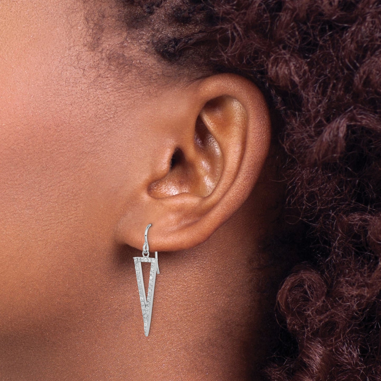 Sterling Silver Rhodium-plated Polished CZ Triangle Dangle Earrings