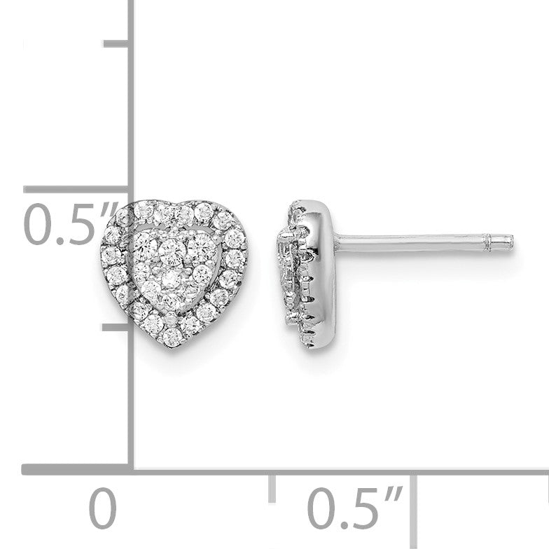 Sterling Silver Rhodium-plated Pave CZ Heart Post Earrings