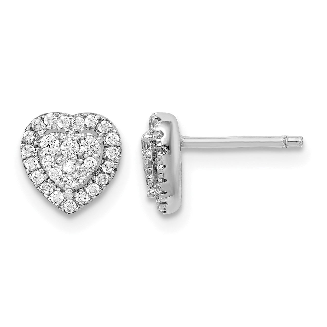 Sterling Silver Rhodium-plated Pave CZ Heart Post Earrings