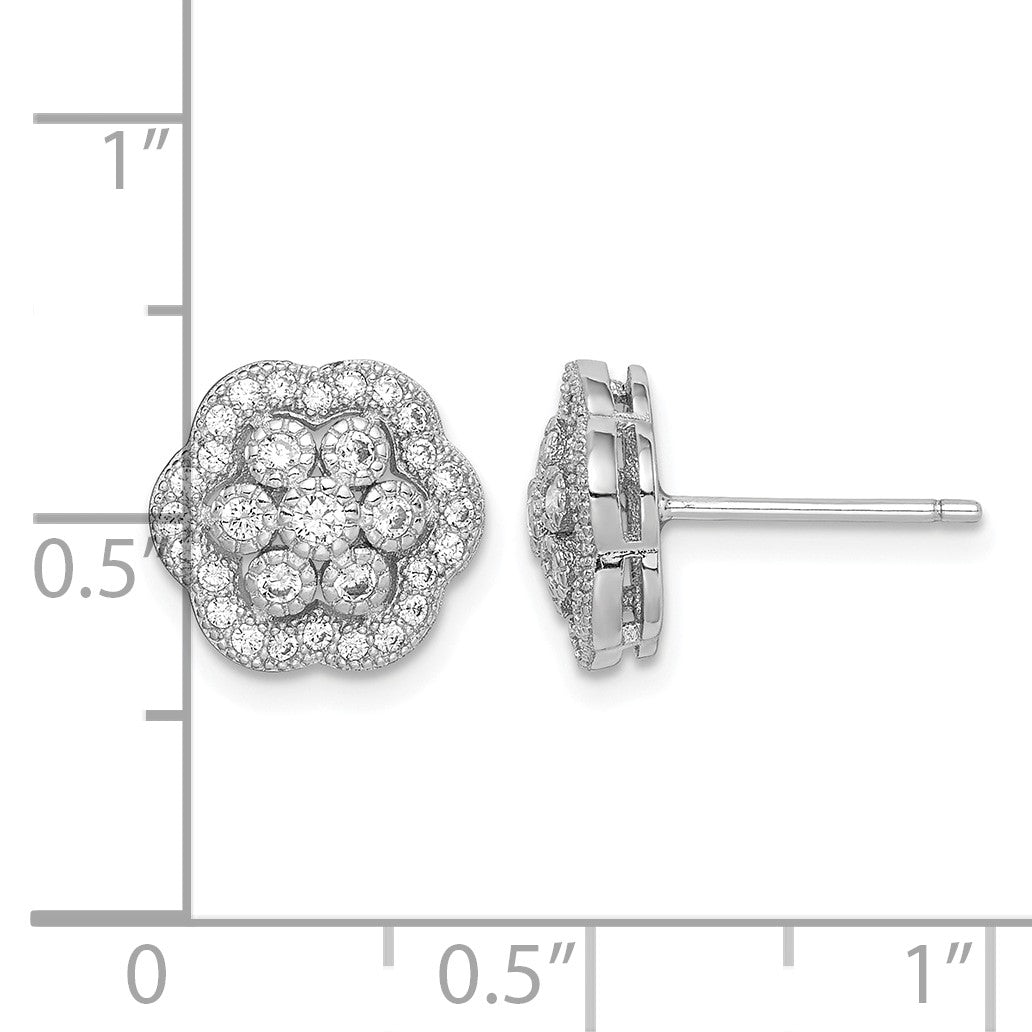 Sterling Silver Rhodium-plated Polished CZ Flower Post Earrings