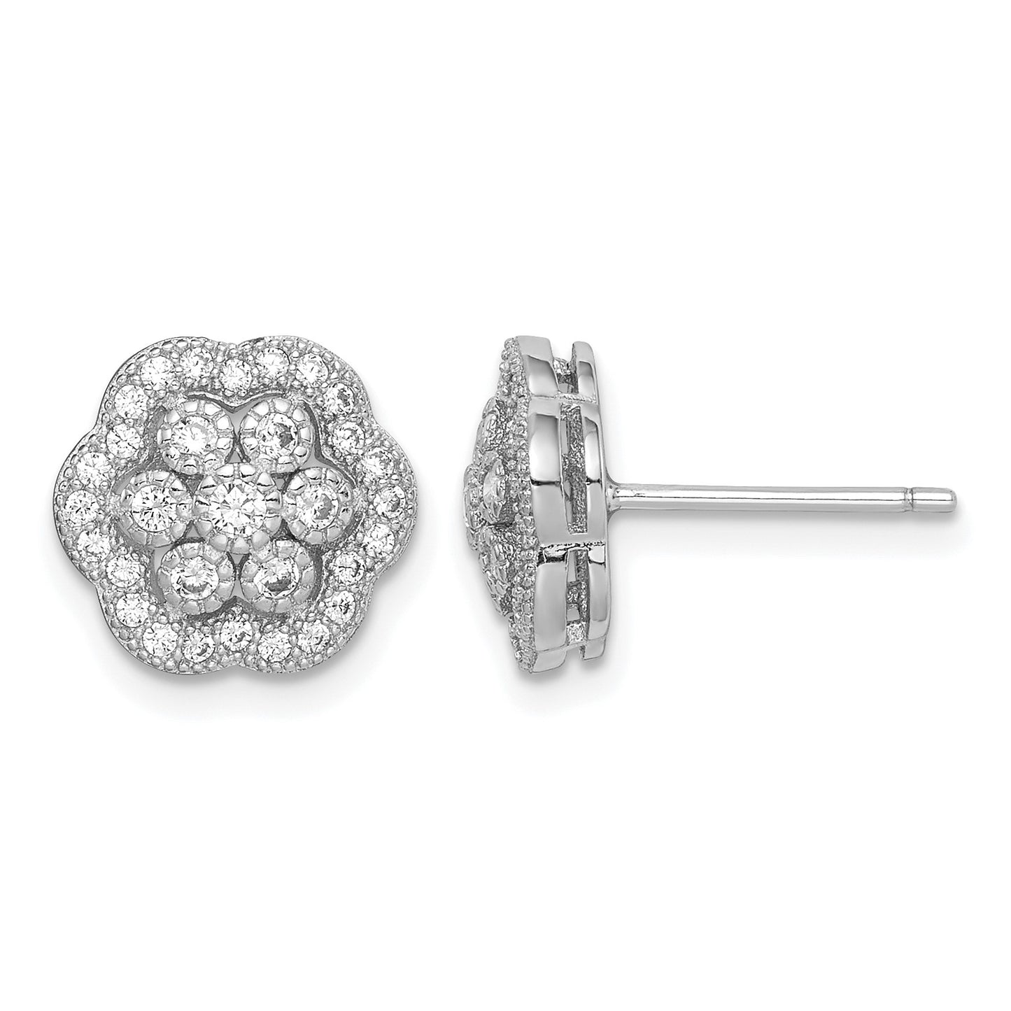 Sterling Silver Rhodium-plated Polished CZ Flower Post Earrings