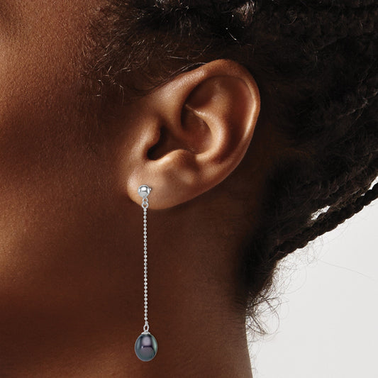 Sterling Silver Rhodium-plated 7-8mm Black Teardrop Freshwater Cultured Pearl Post Dangle Earrings