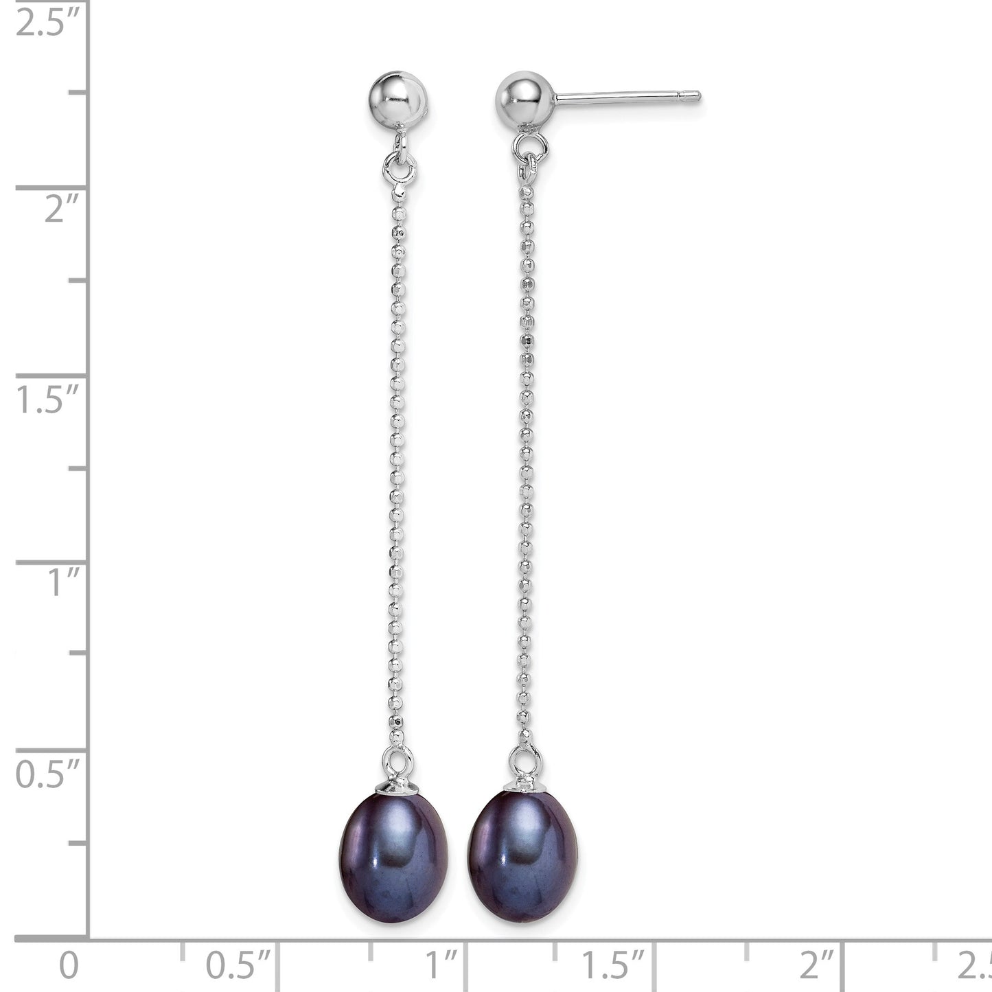 Sterling Silver Rhodium-plated 7-8mm Black Teardrop Freshwater Cultured Pearl Post Dangle Earrings