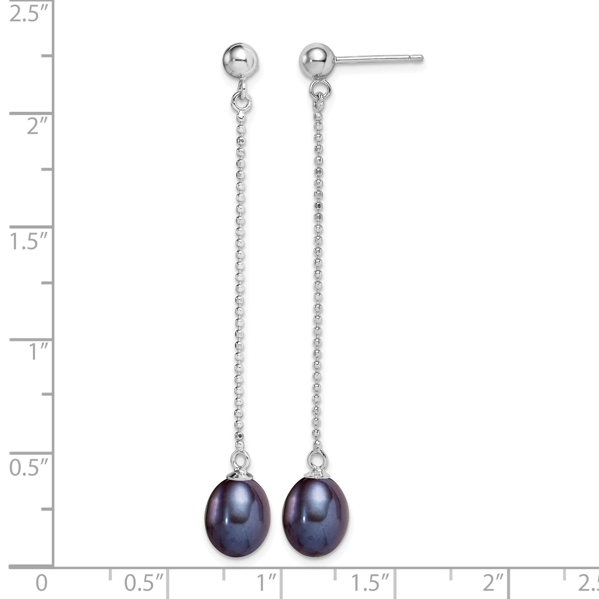 Sterling Silver Rhodium-plated 7-8mm Black Teardrop Freshwater Cultured Pearl Post Dangle Earrings