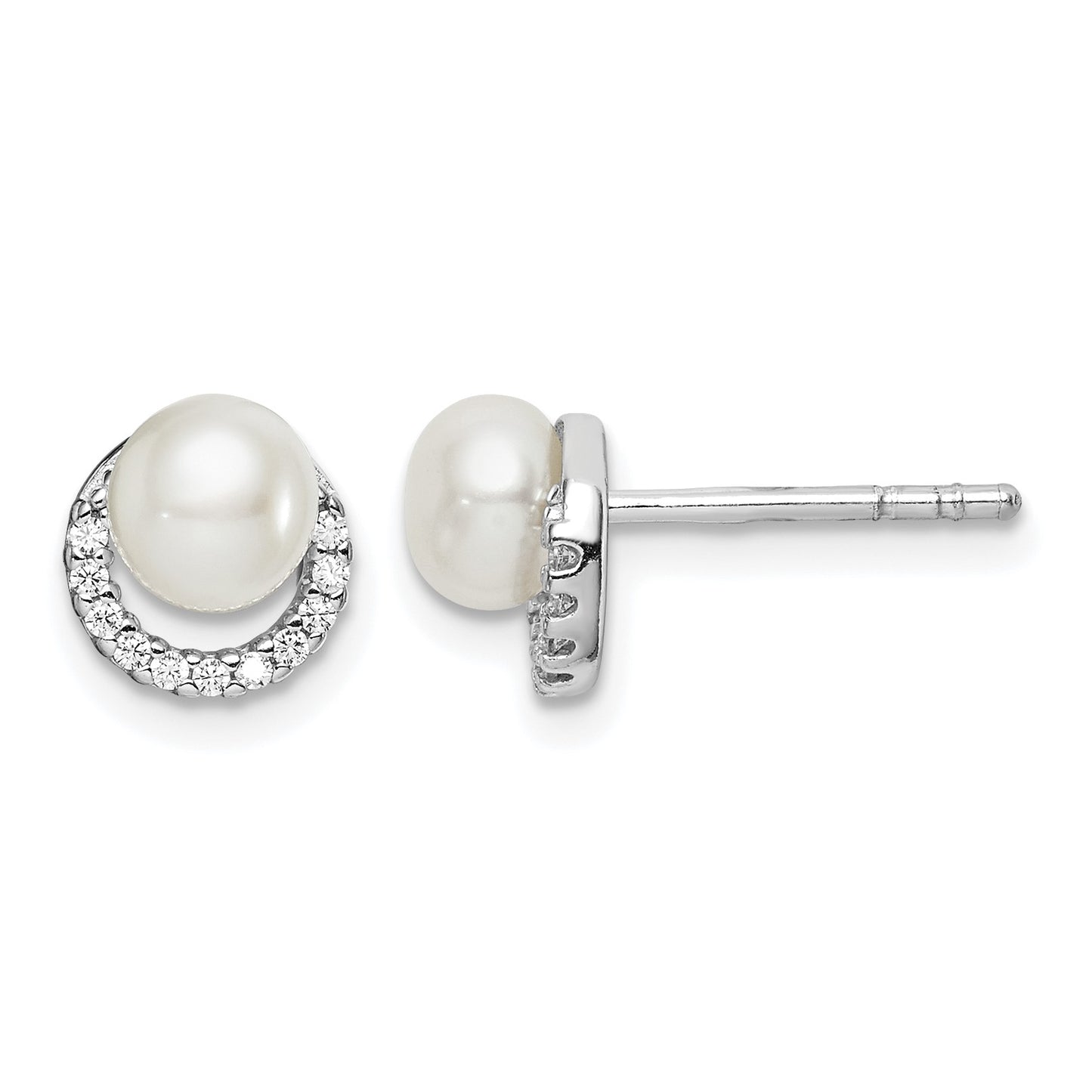 Sterling Silver Rhodium Plated FWC Pearl CZ Post Earrings