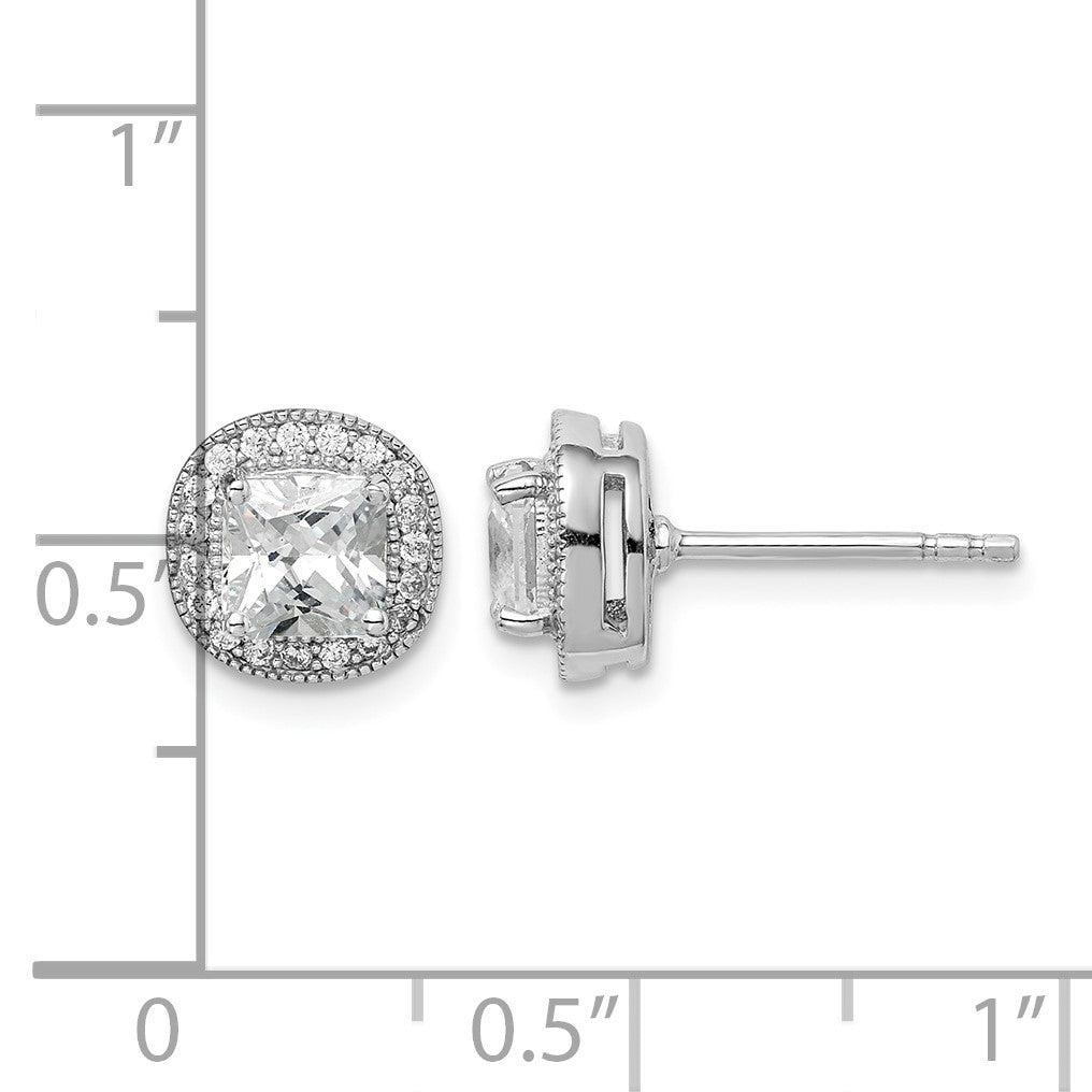 Sterling Silver RH-plated Polished & Textured 5mm CZ Halo Post Earrings