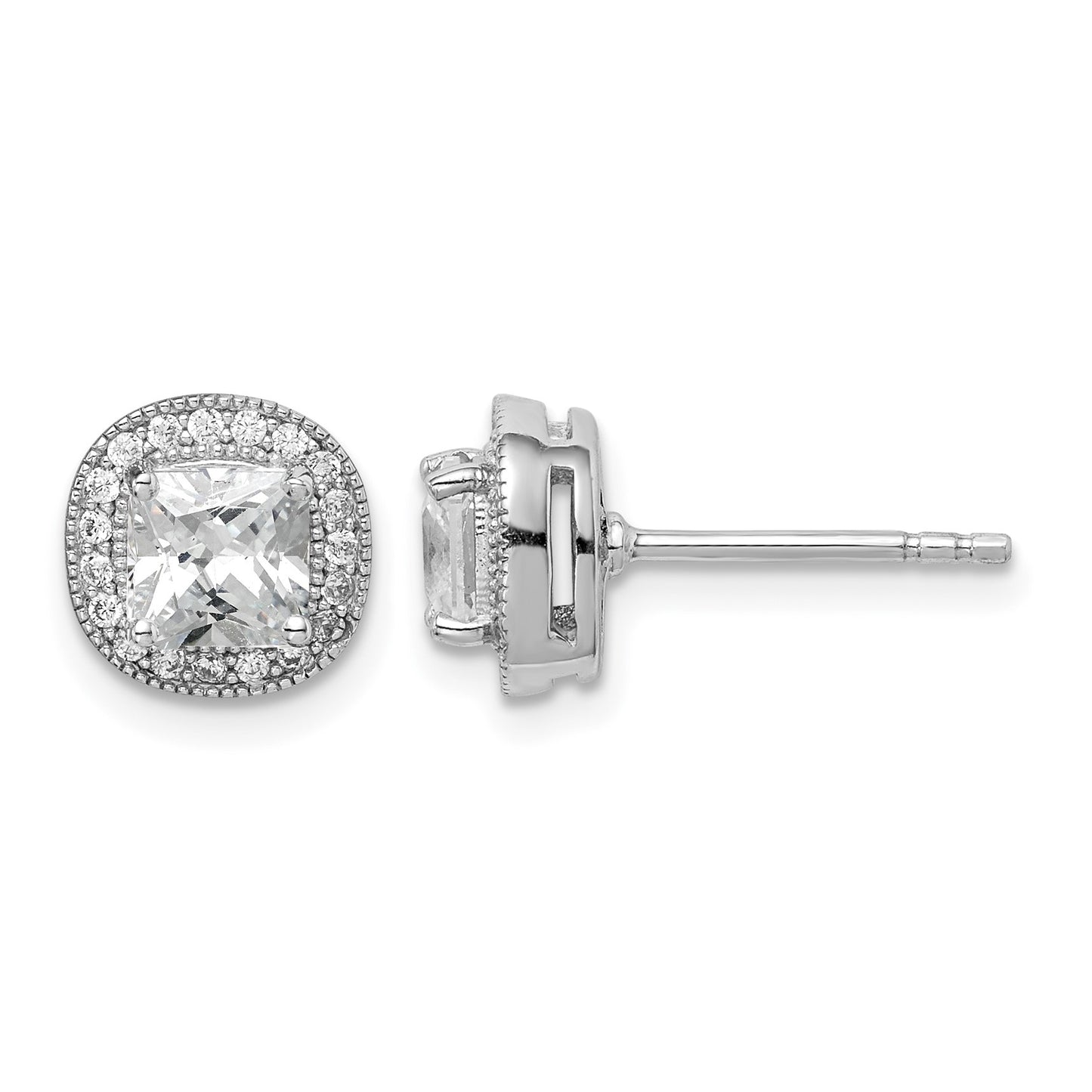 Sterling Silver RH-plated Polished & Textured 5mm CZ Halo Post Earrings