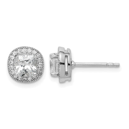 Sterling Silver RH-plated Polished & Textured 5mm CZ Halo Post Earrings
