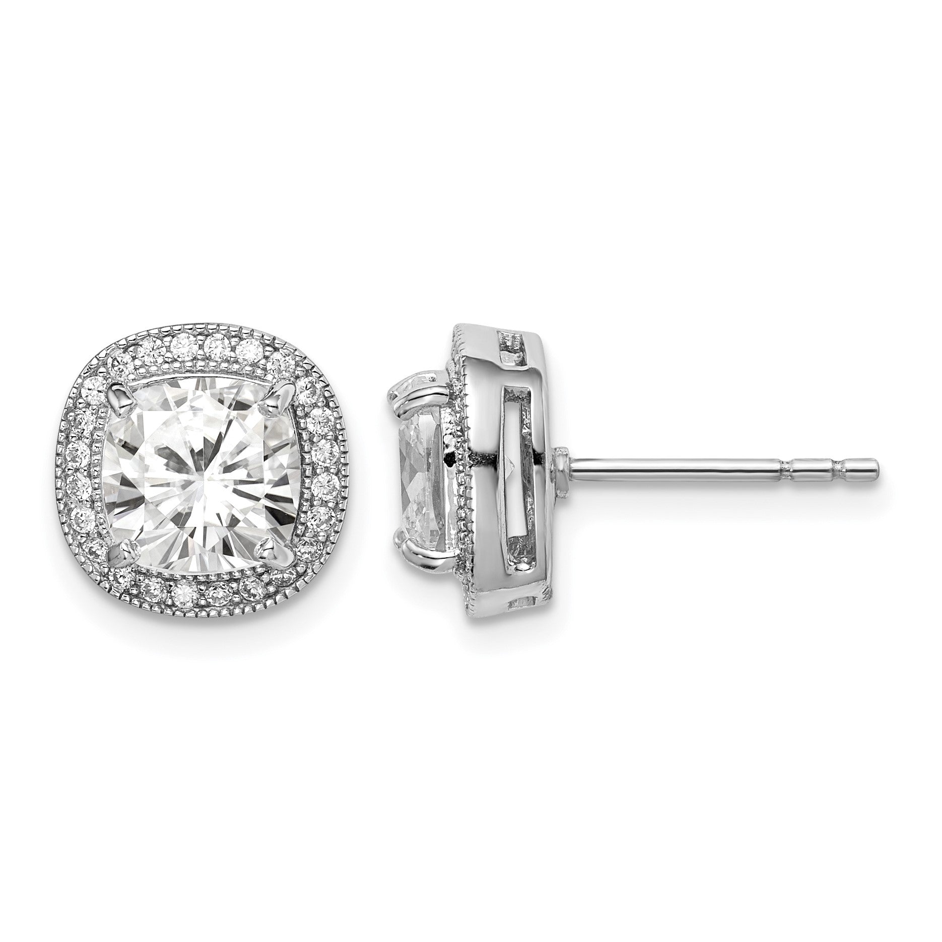 Sterling Silver RH-plated Polished & Textured 7mm CZ Halo Post Earrings