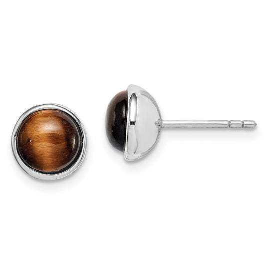 Sterling Silver Rhodium-plated Polished 7mm Tiger's Eye Post Earrings