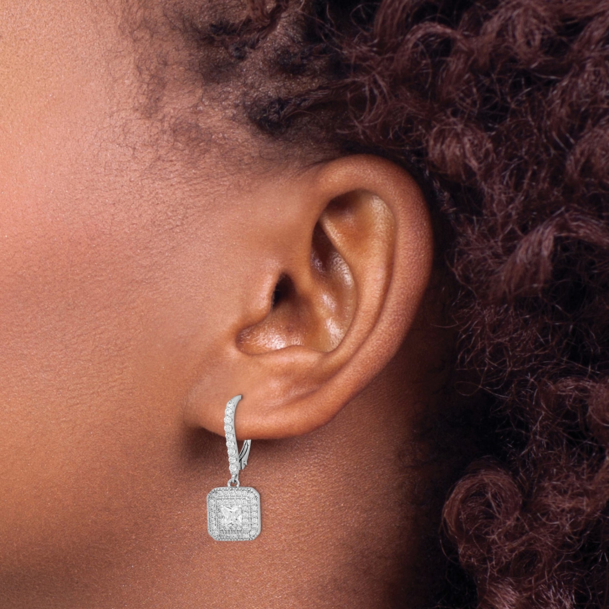 Sterling Silver Rhodium-plated Polished CZ Square Leverback Earrings