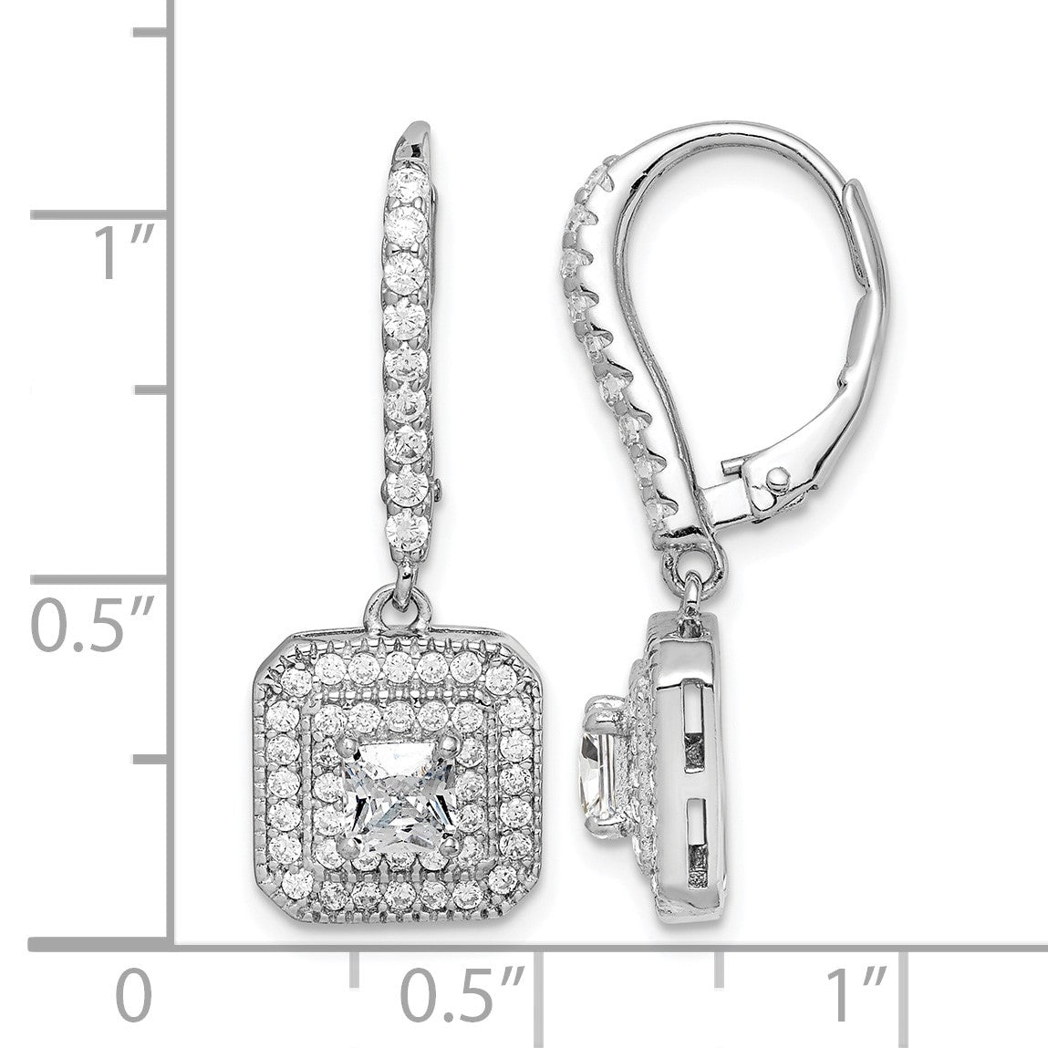 Sterling Silver Rhodium-plated Polished CZ Square Leverback Earrings