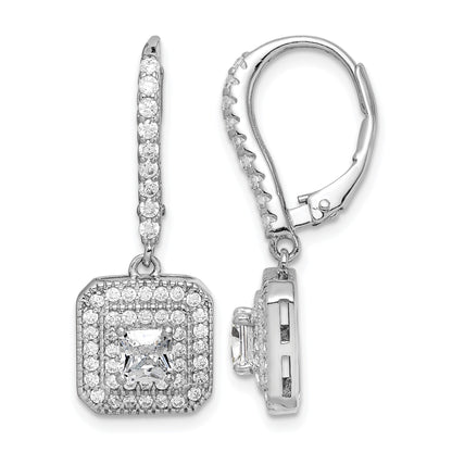Sterling Silver Rhodium-plated Polished CZ Square Leverback Earrings