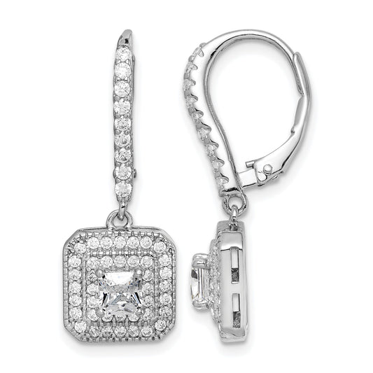 Sterling Silver Rhodium-plated Polished CZ Square Leverback Earrings