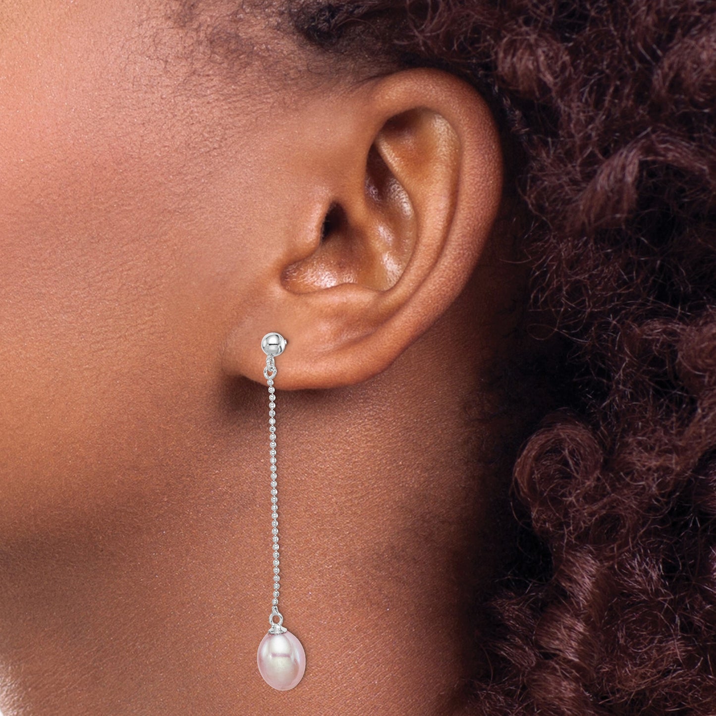 Sterling Silver Rhodium-plated 7-8mm Purple Teardrop Freshwater Cultured Pearl Post Dangle Earrings
