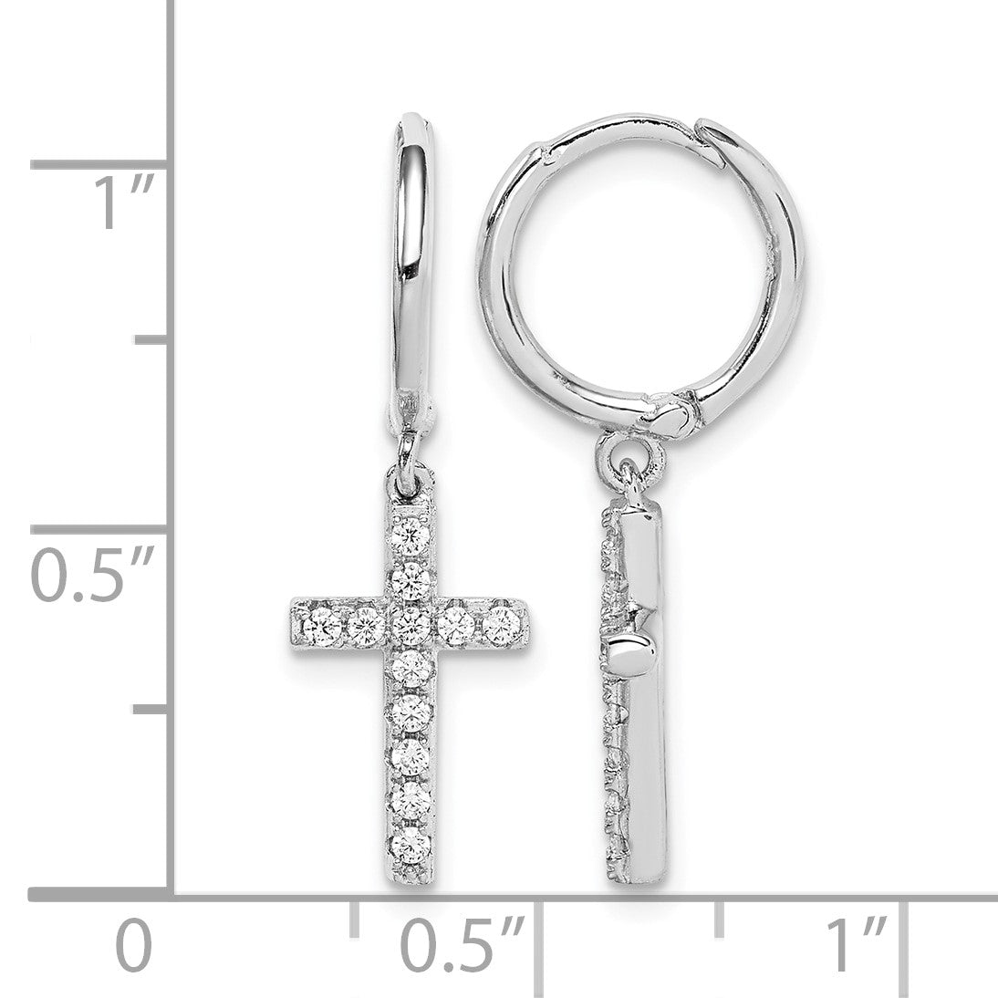 Sterling Silver Rhodium-plated CZ Cross Dangle Round Hoop Earrings