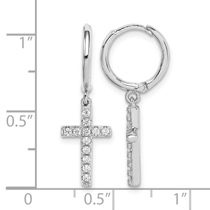 Sterling Silver Rhodium-plated CZ Cross Dangle Round Hoop Earrings