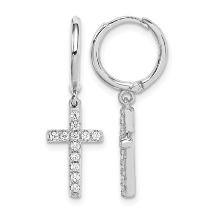 Sterling Silver Rhodium-plated CZ Cross Dangle Round Hoop Earrings