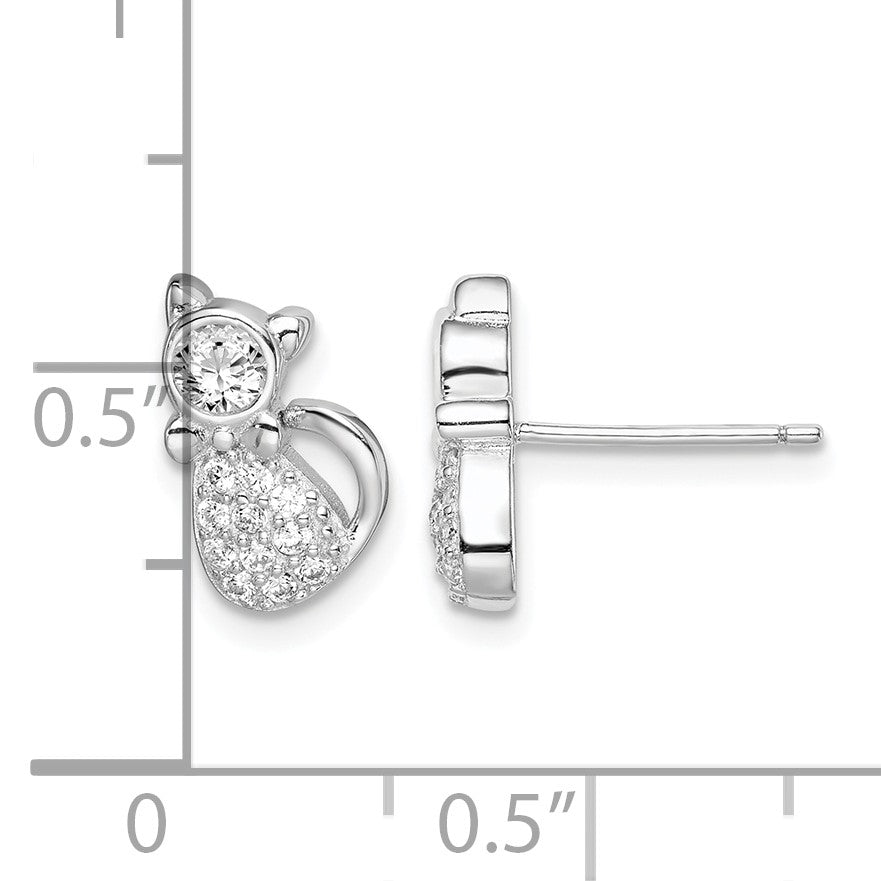 Sterling Silver Rhodium-plated Polished CZ Cat Post Earrings