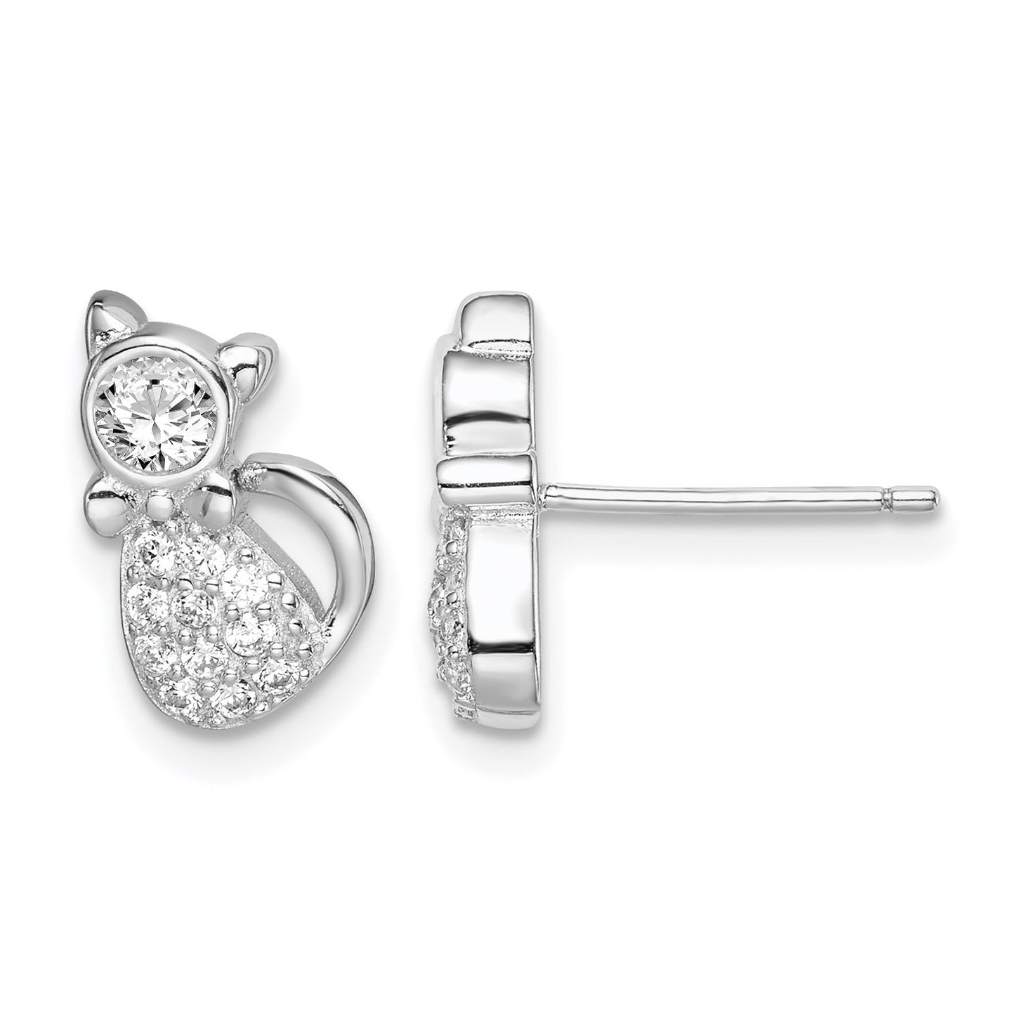 Sterling Silver Rhodium-plated Polished CZ Cat Post Earrings